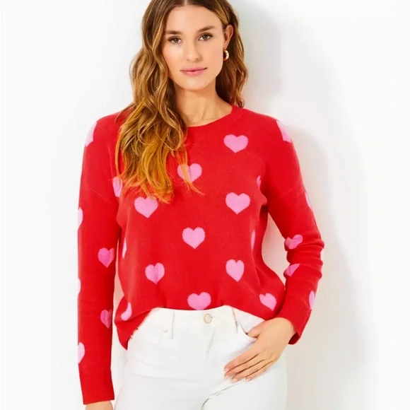 Lilly Pulitzer Red Tensley sweater with pink hearts - Picture 3 of 8